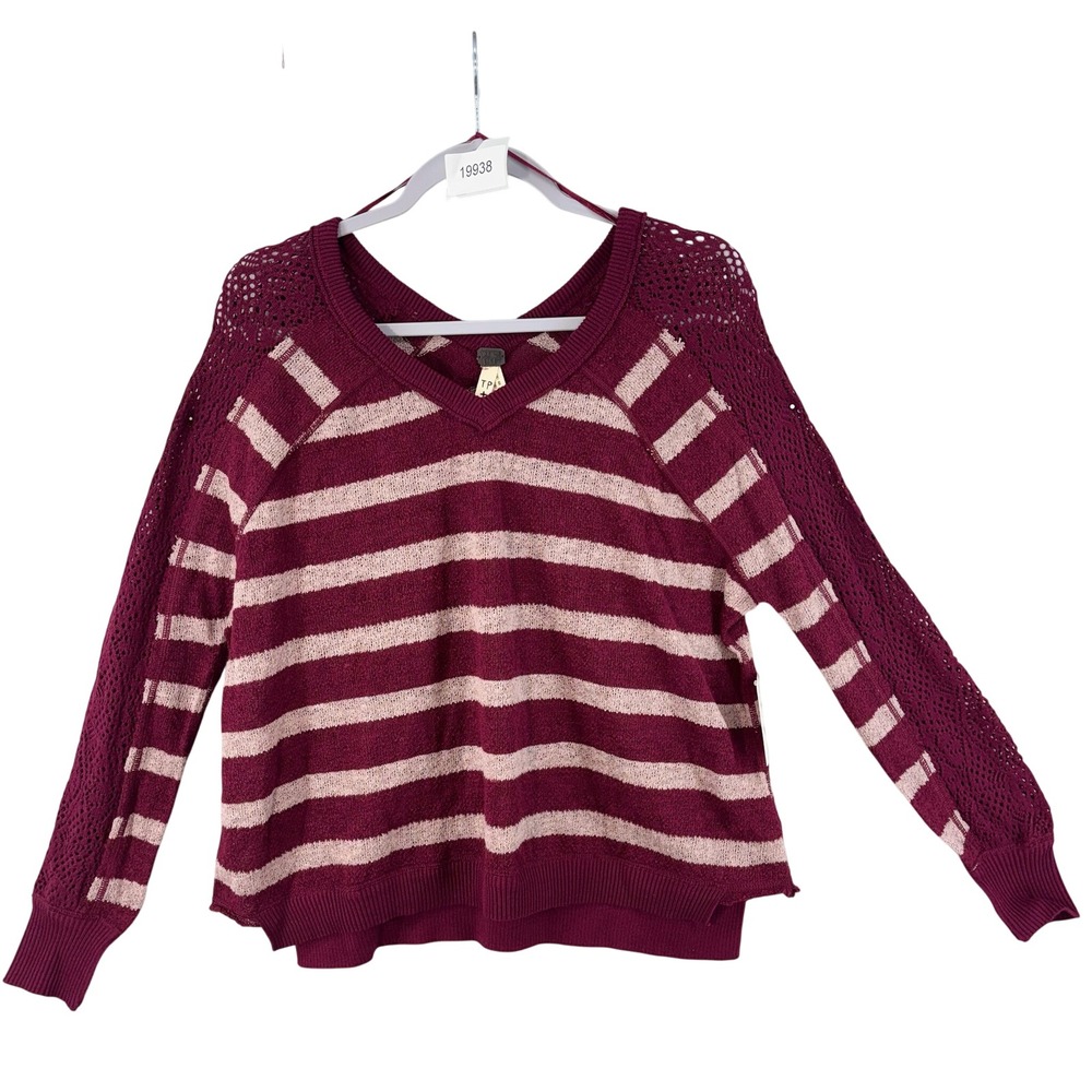 NWT We The Free Free‎ People Sweater Womens XS Burgundy Striped Crochet V-Neck